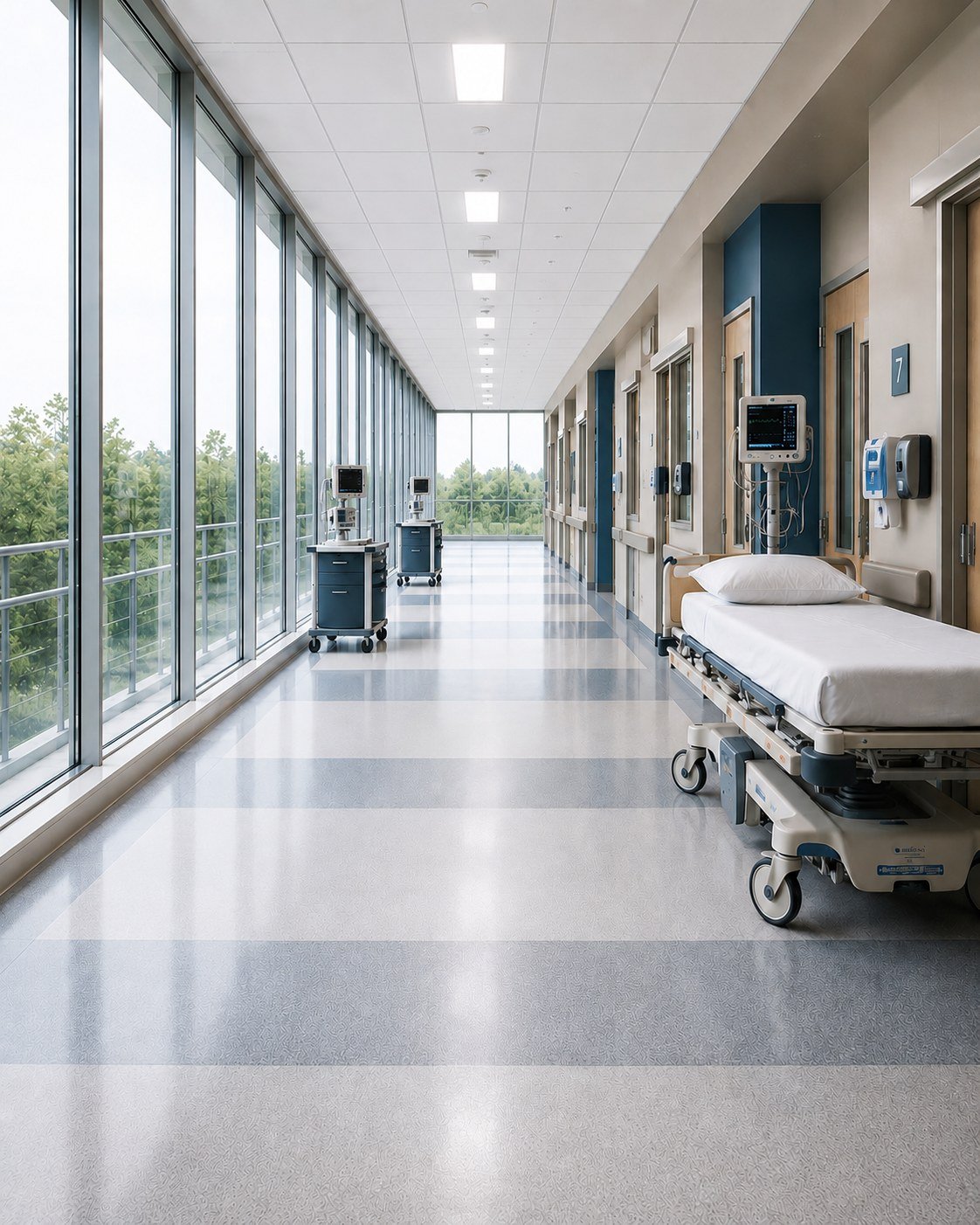 Bright modern hospital corridor with clinical equipment and a patient bed
