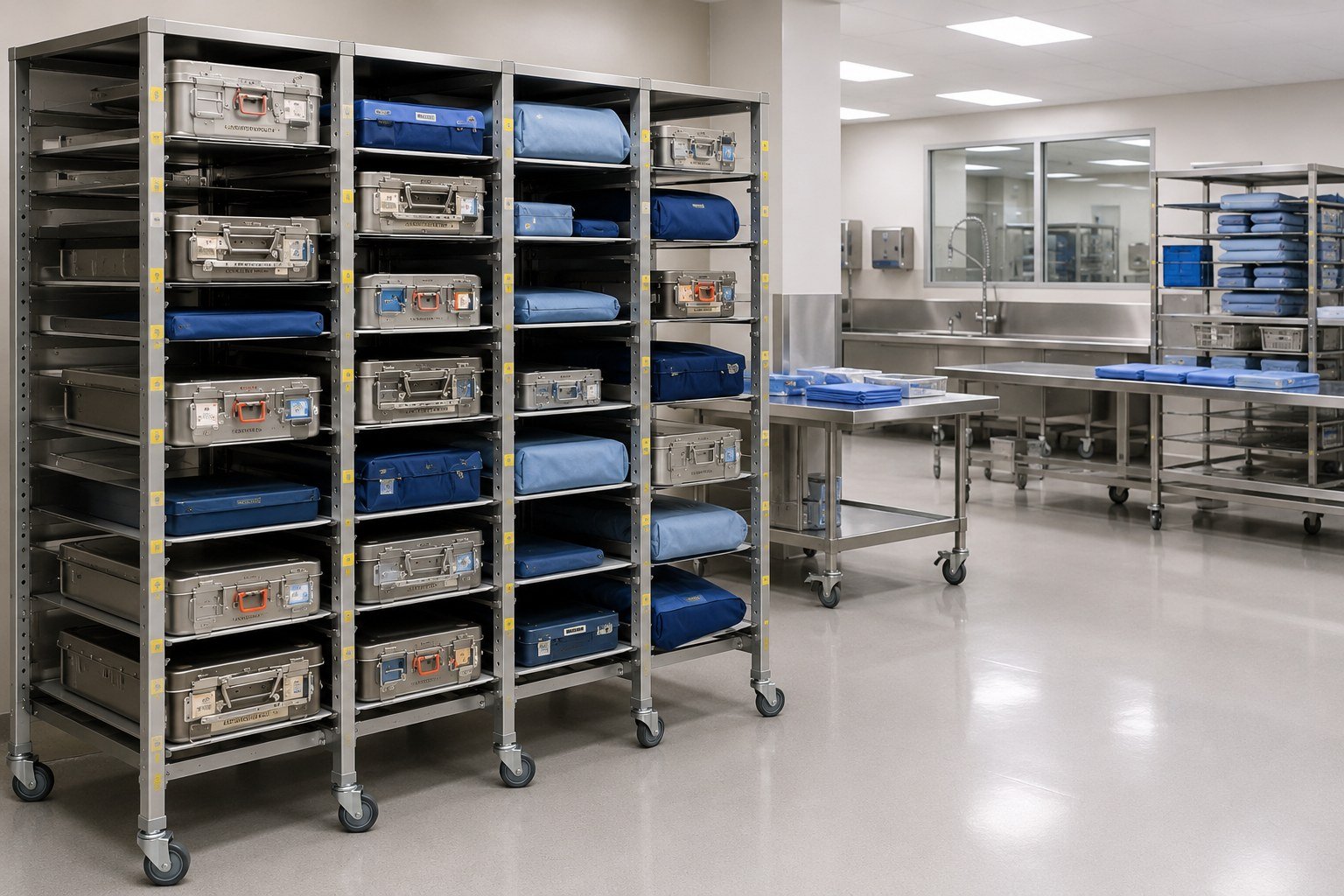Clean modern sterile processing workspace with metal instrument containers and wrapped sets